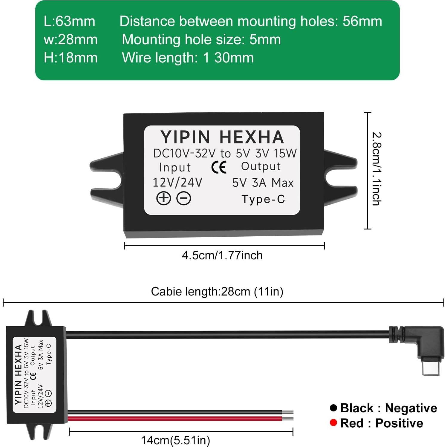 Convertidor DC 24V/12V a 5V USB Tipo-C YIPIN HEXHA 3A 15W