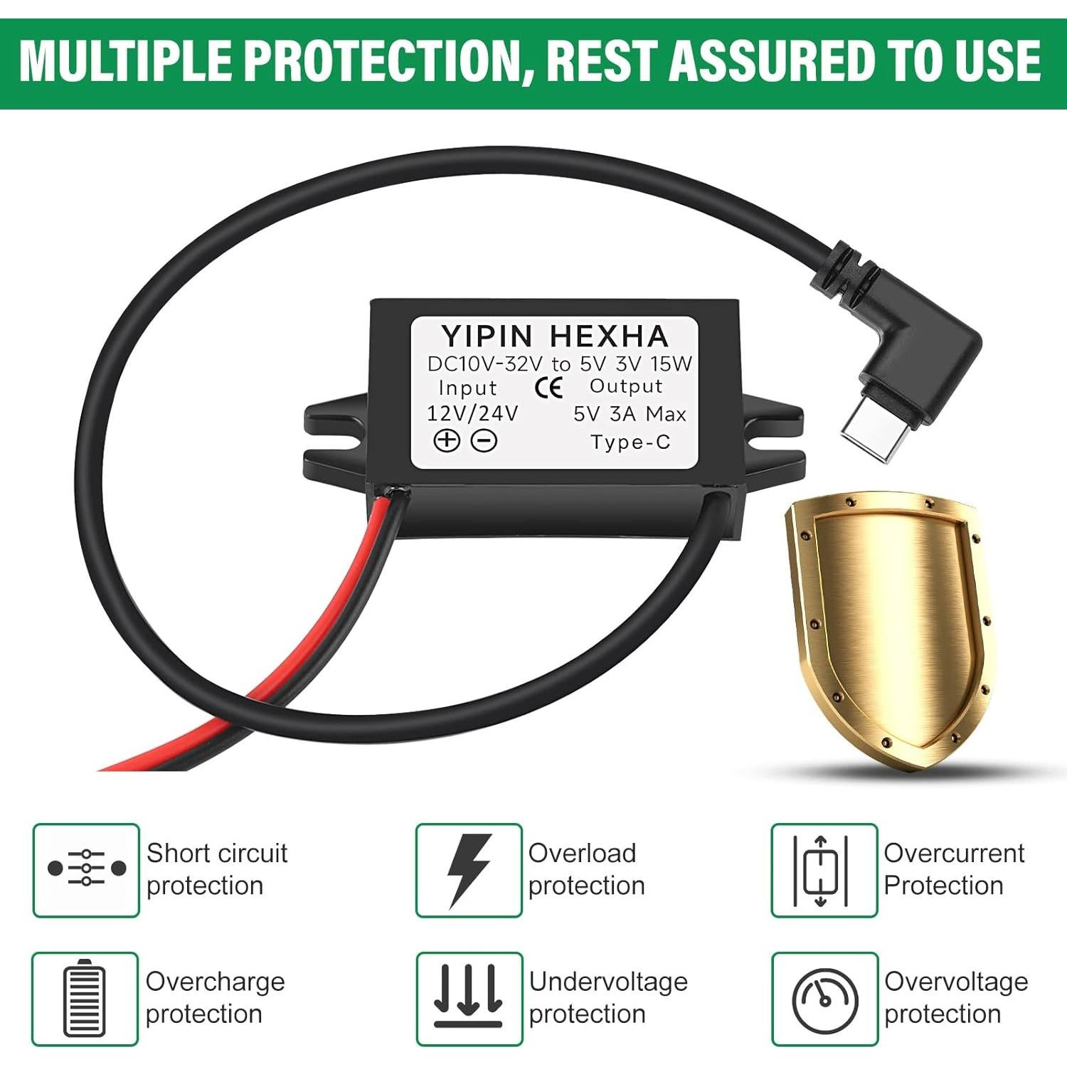 Convertidor DC 24V/12V a 5V USB Tipo-C YIPIN HEXHA 3A 15W