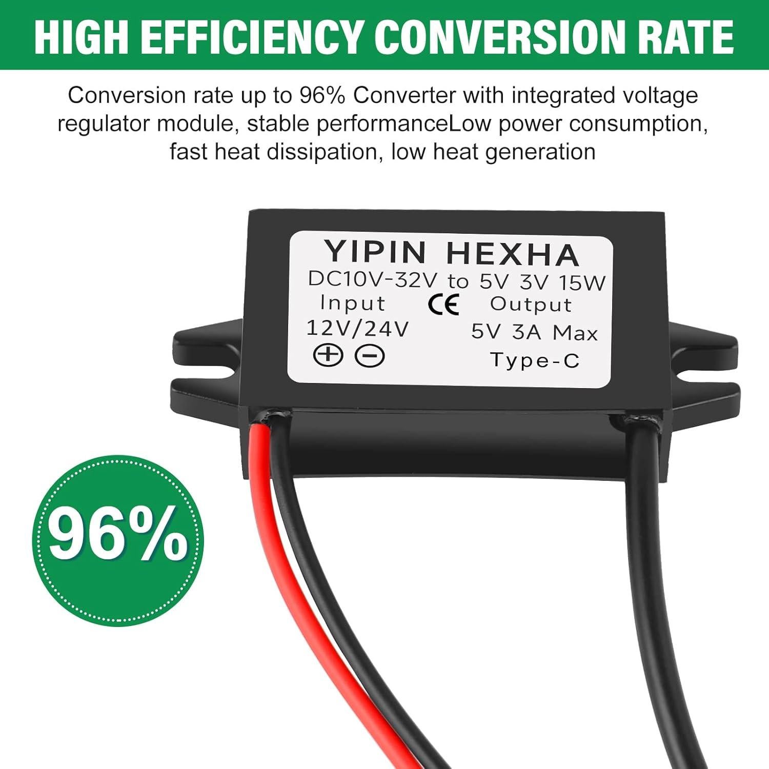 Convertidor DC 24V/12V a 5V USB Tipo-C YIPIN HEXHA 3A 15W