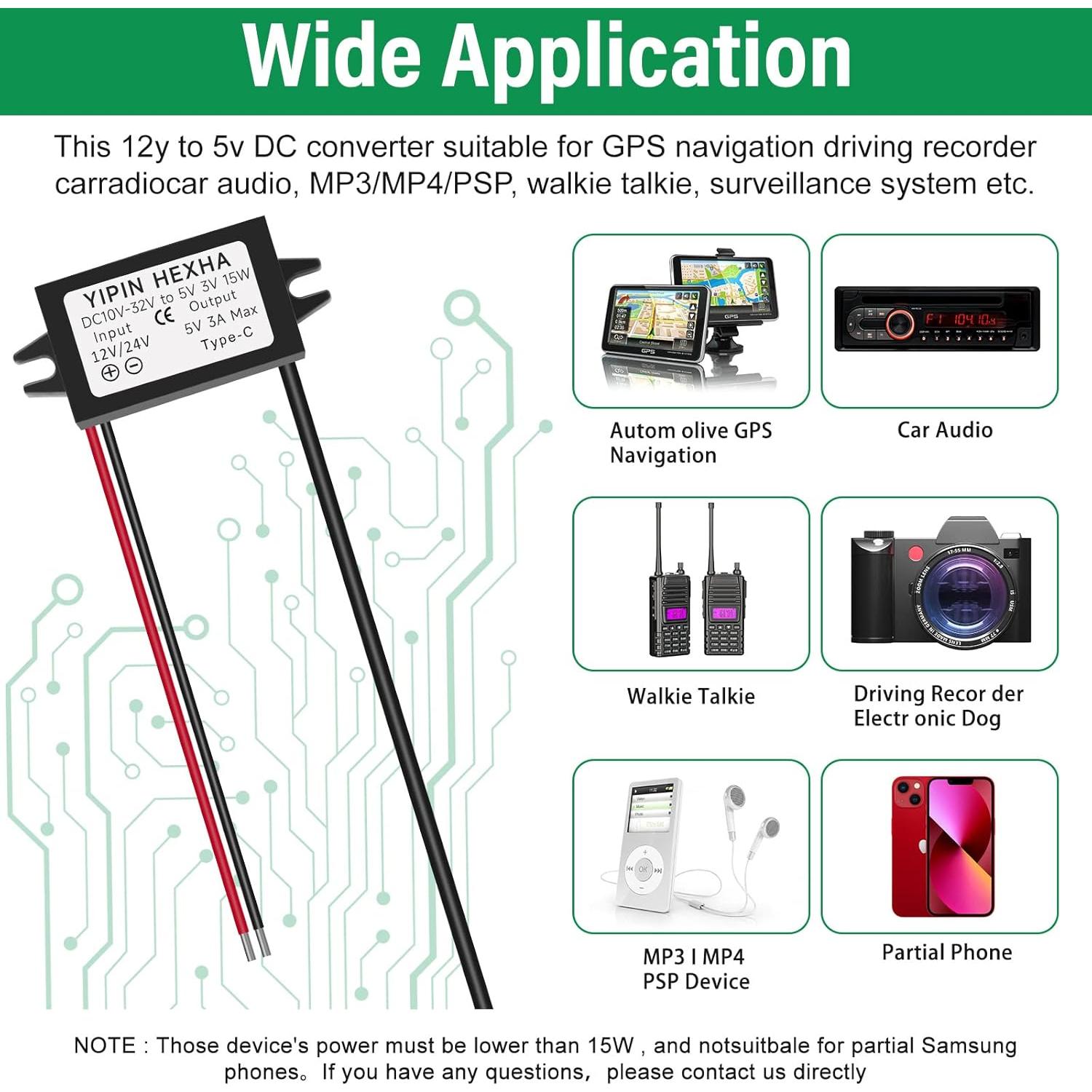 Convertidor DC 24V/12V a 5V USB Tipo-C YIPIN HEXHA 3A 15W