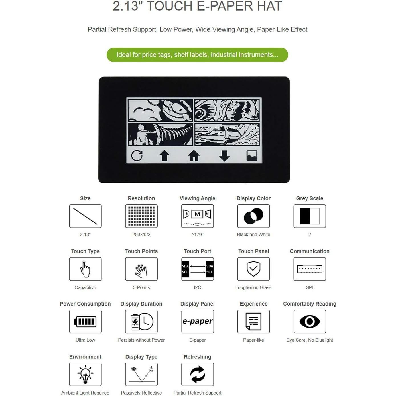 Módulo Pantalla Táctil E-Paper 2.13" Coolwell 250x122px