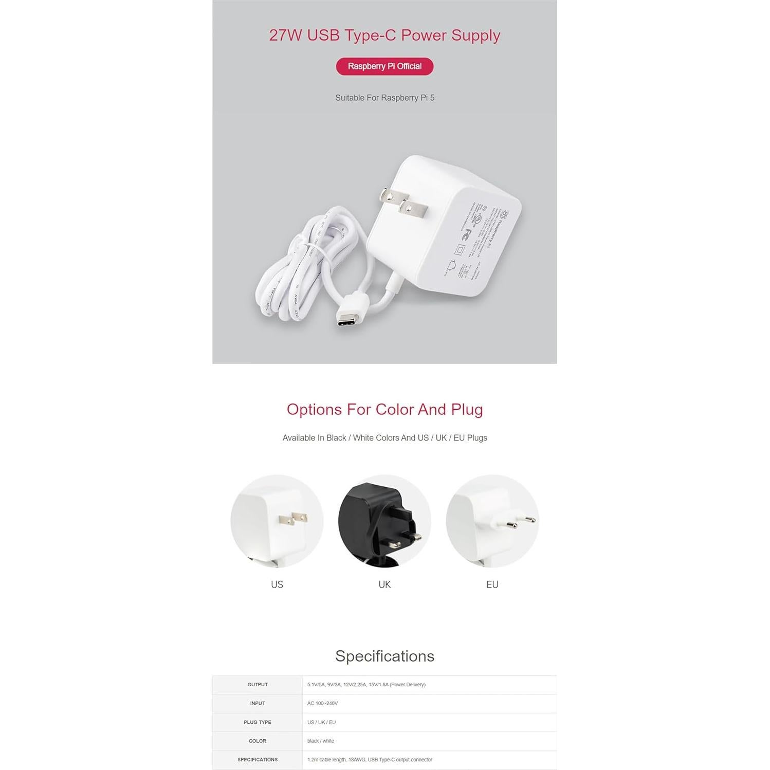 Fuente de Alimentación Oficial 27W USB Tipo-C Raspberry Pi 5 Blanca