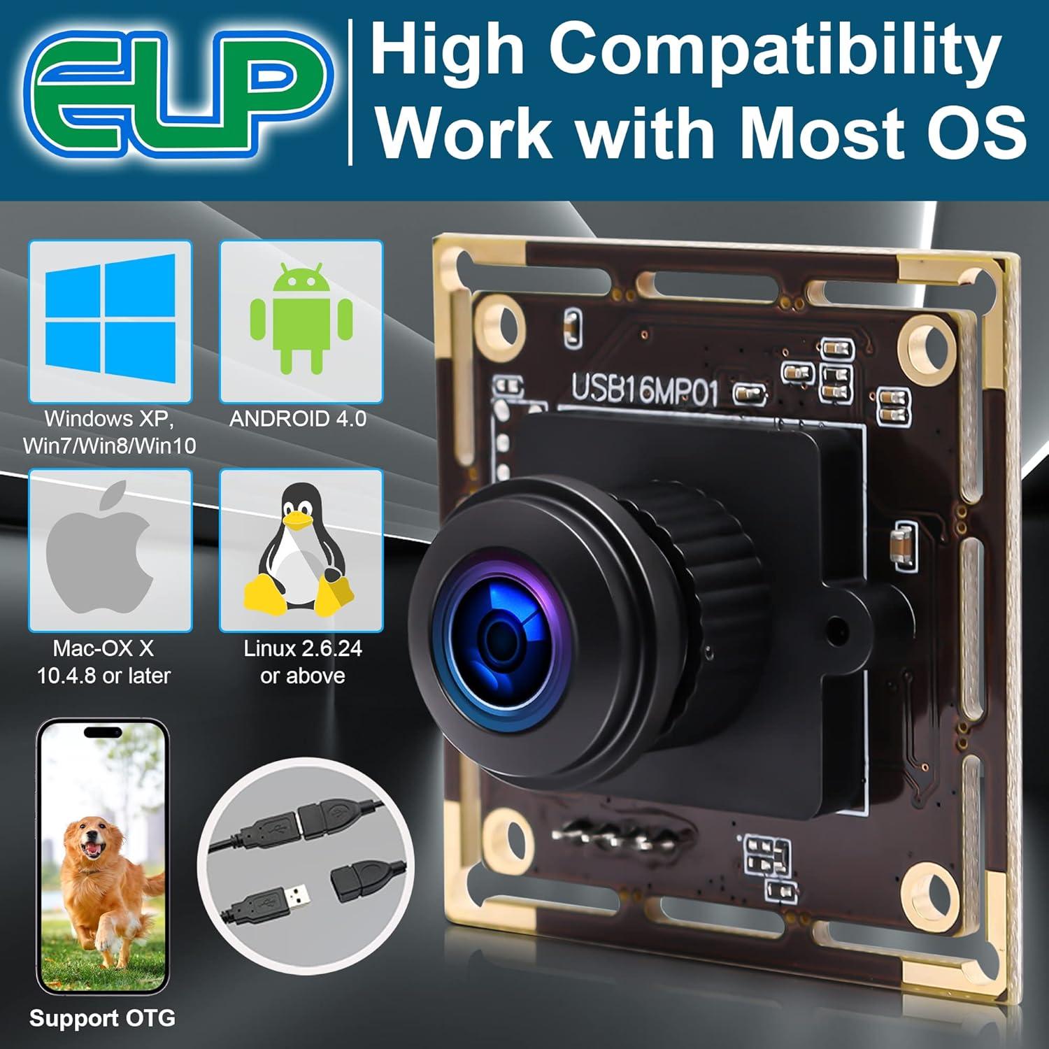 Cámara USB ELP 16MP Gran Angular 180° Ultra HD para PC