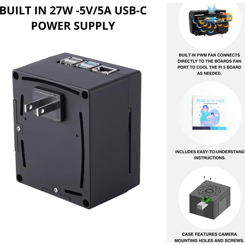 Estuche y Fuente de Alimentación Vilros para Raspberry Pi 5 Negro