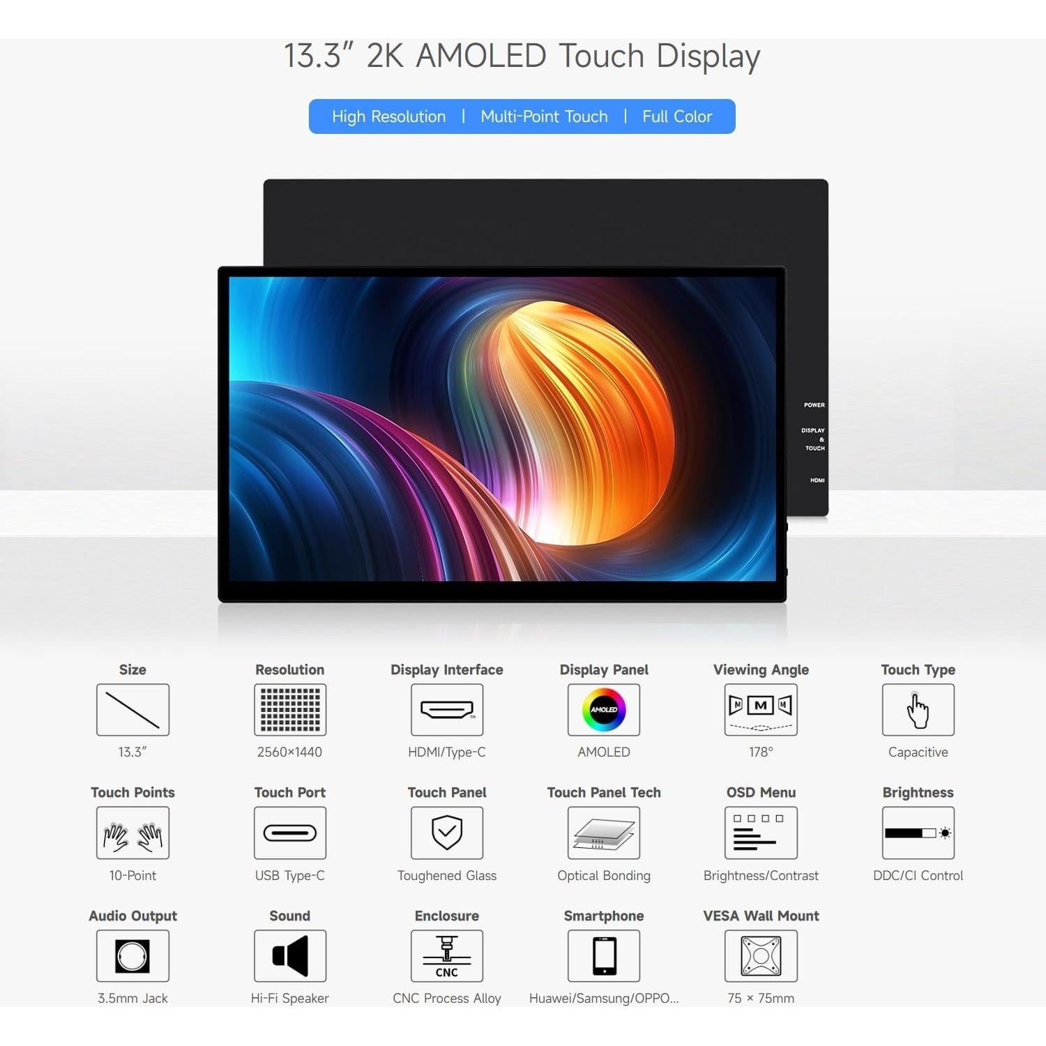 Pantalla Táctil AMOLED 13.3" 2K Waveshare 2560x1440 HDMI/Type-C