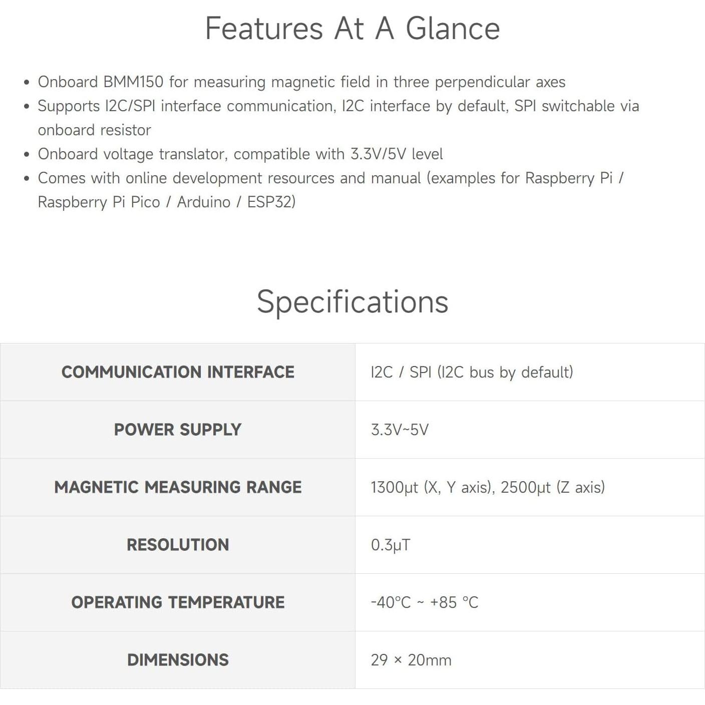 BMM150 3-Axis Magnetometer Sensor, Compatible with Raspberry Pi 5/4B/3B/Zero/Zero W/Zero 2W/Pico/Pico W/Pico WH, Digital Compass Sensor, Magnetic Field Measurement