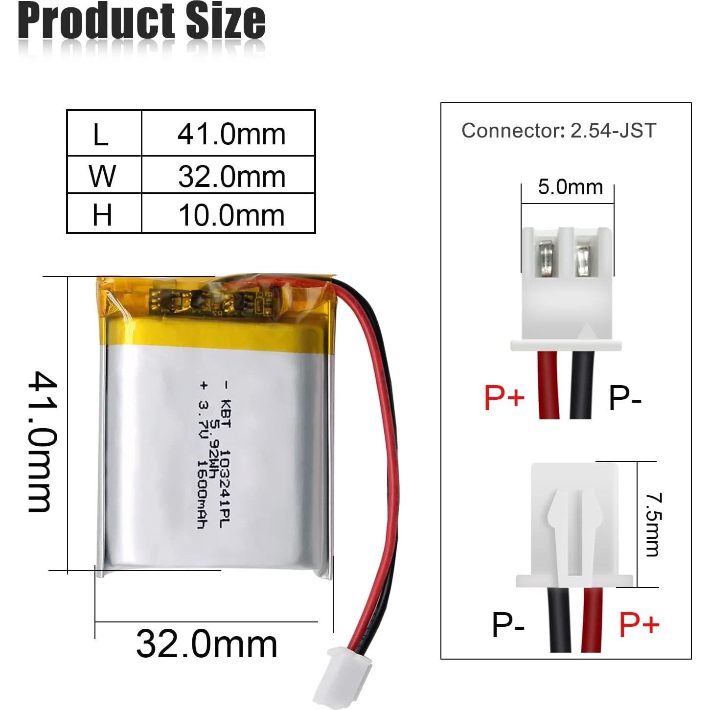 Batería de polímero de litio KBT 3.7V 1600mAh 103241PL
