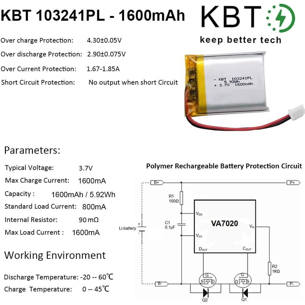 Batería de polímero de litio KBT 3.7V 1600mAh 103241PL
