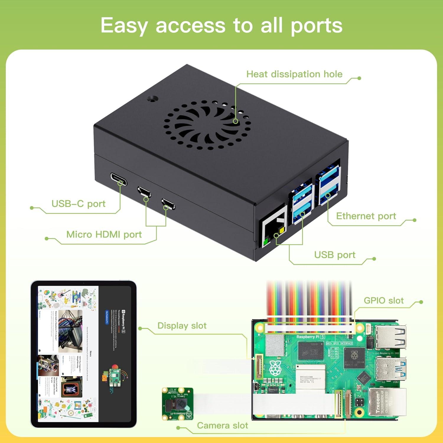 Kit Accesorios iRasptek para Raspberry Pi 5 - Caja Metal, Enfriador y Fuente 27W