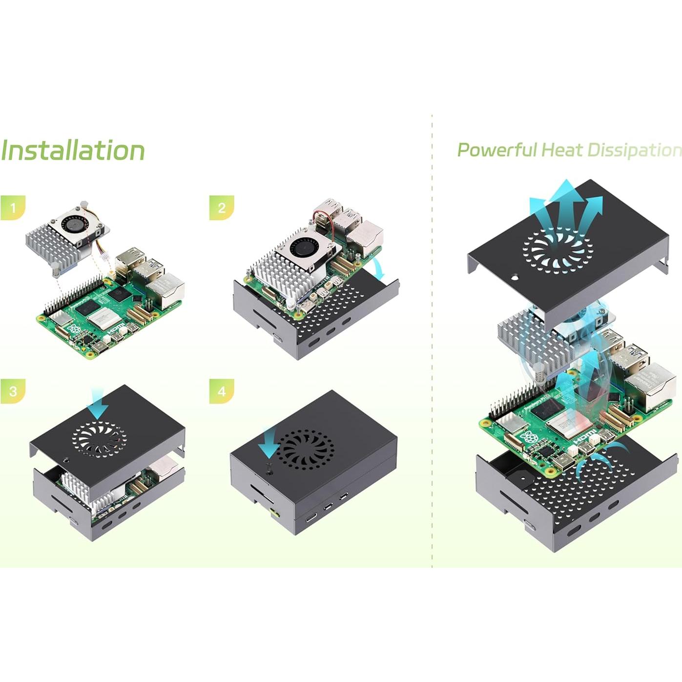 Kit Accesorios iRasptek para Raspberry Pi 5 - Caja Metal, Enfriador y Fuente 27W