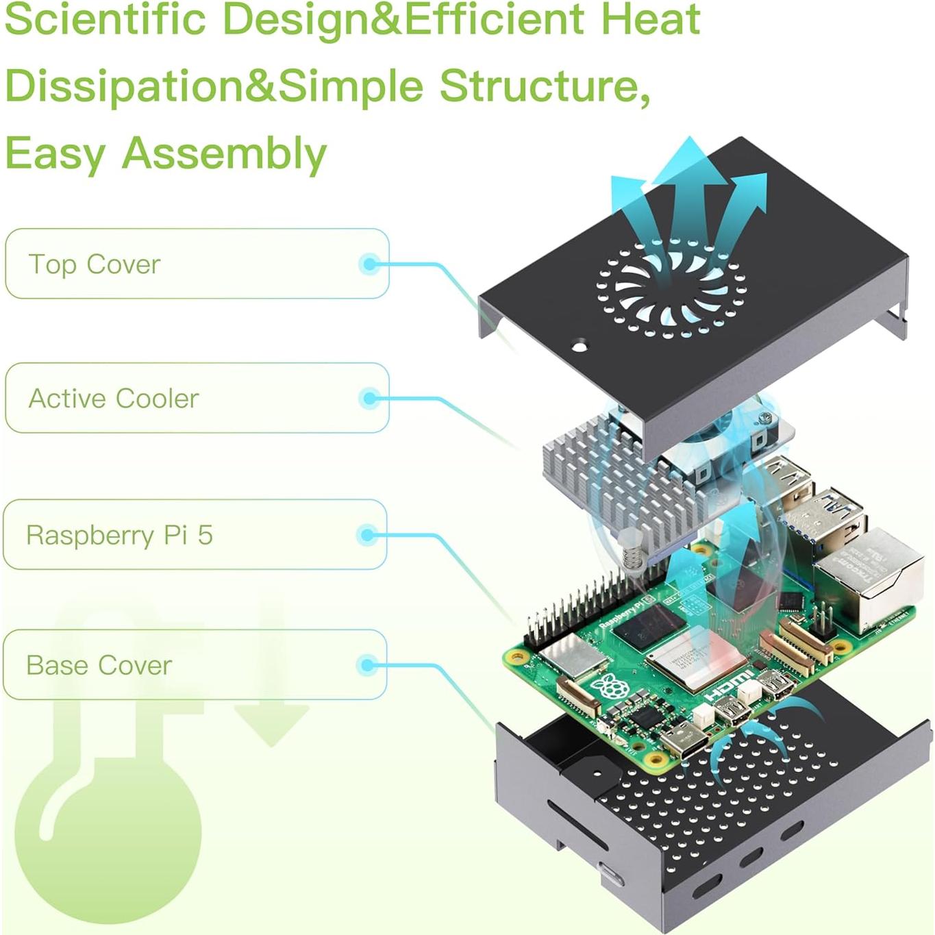 Kit Accesorios iRasptek para Raspberry Pi 5 - Caja Metal, Enfriador y Fuente 27W