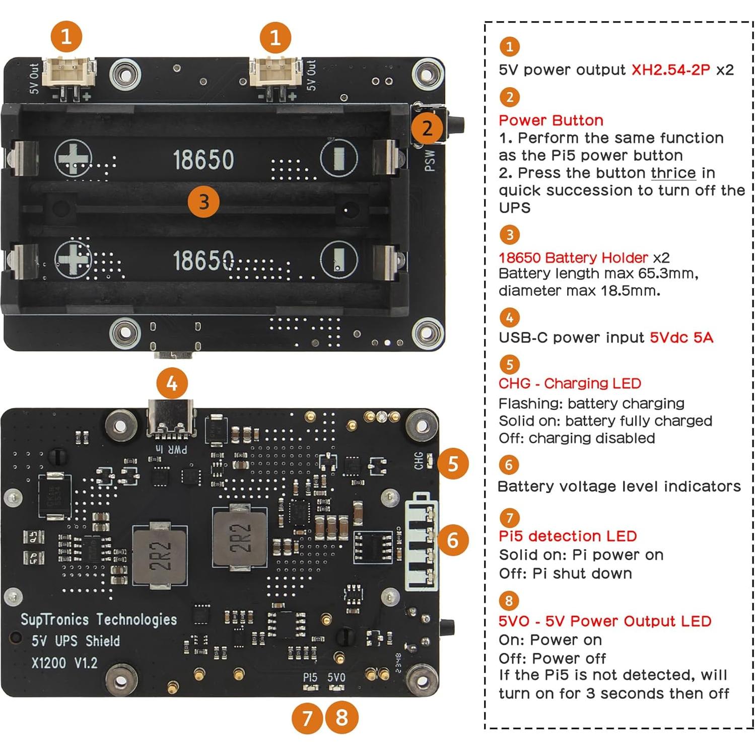 Geekworm X1200 UPS HAT para Raspberry Pi 5 - 5V 5A Salida