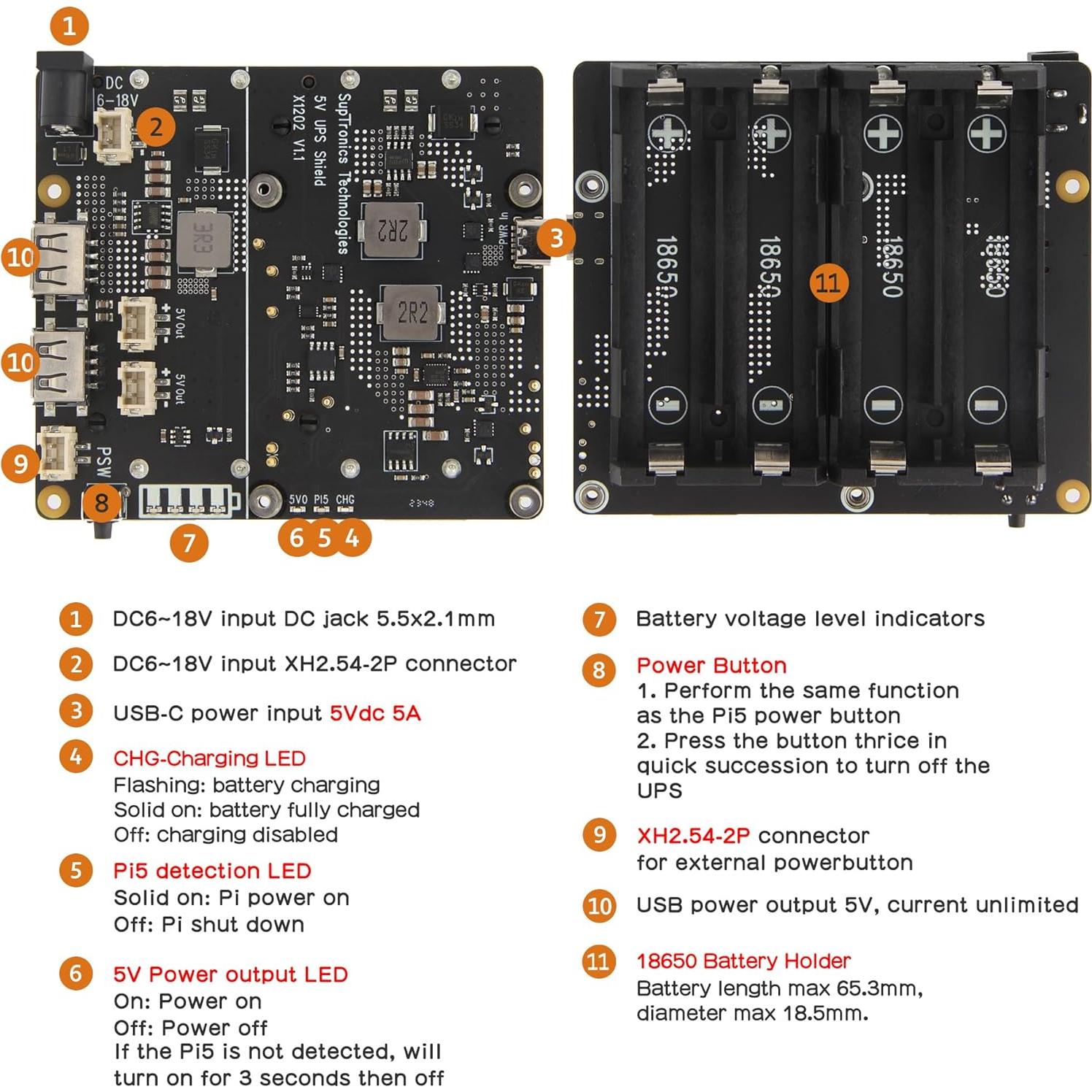 Escudo UPS Geekworm X1202 para Raspberry Pi 5 - 5V 5A