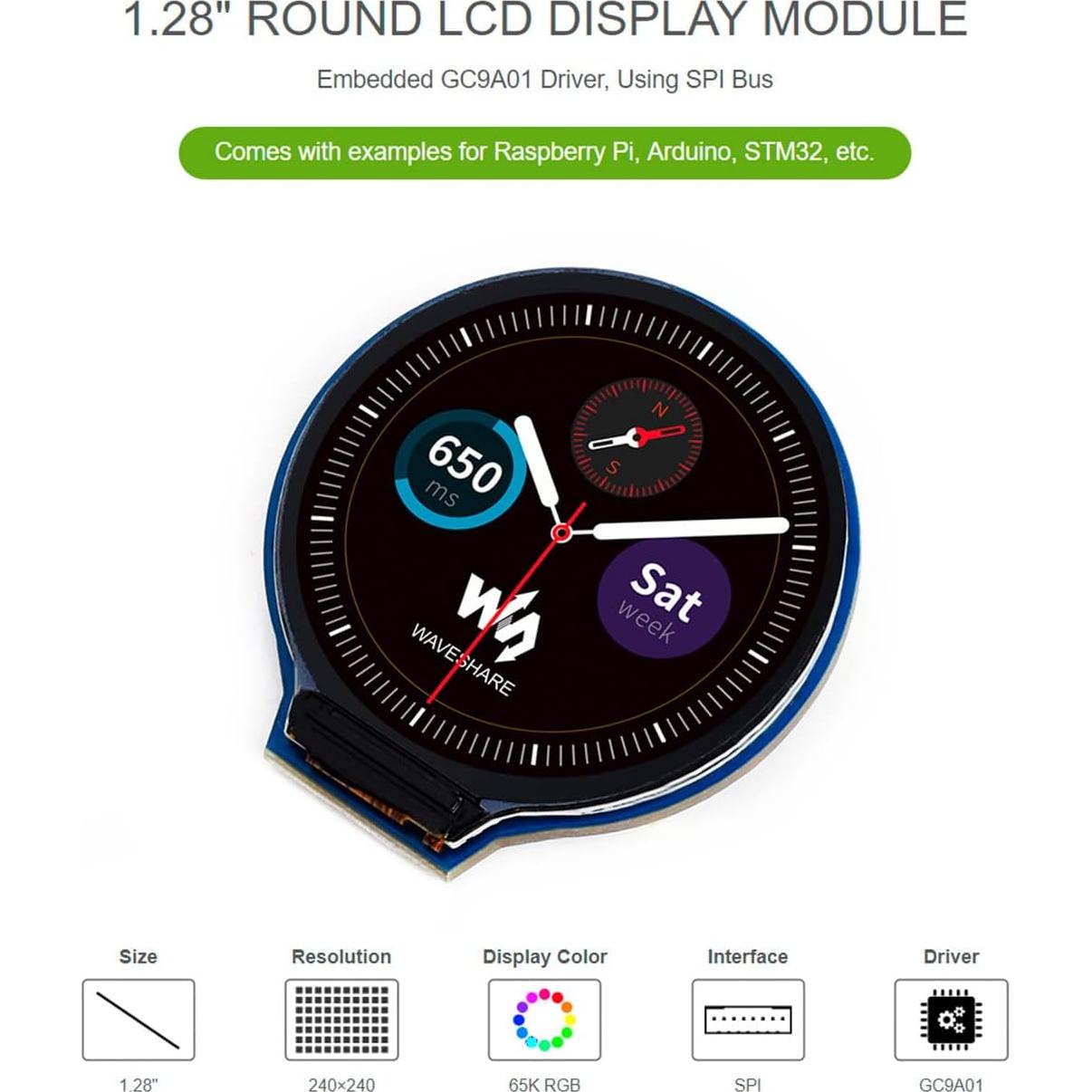 1.28inch Round LCD IPS Display Module for Raspberry Pi 4B/3B+/3B/2B/Zero/Zero W/WH/Zero 2W/2WH, Jetson Nano, STM32, 240×240 Resolution 65K RGB Colors GC9A01 Driver SPI Interface