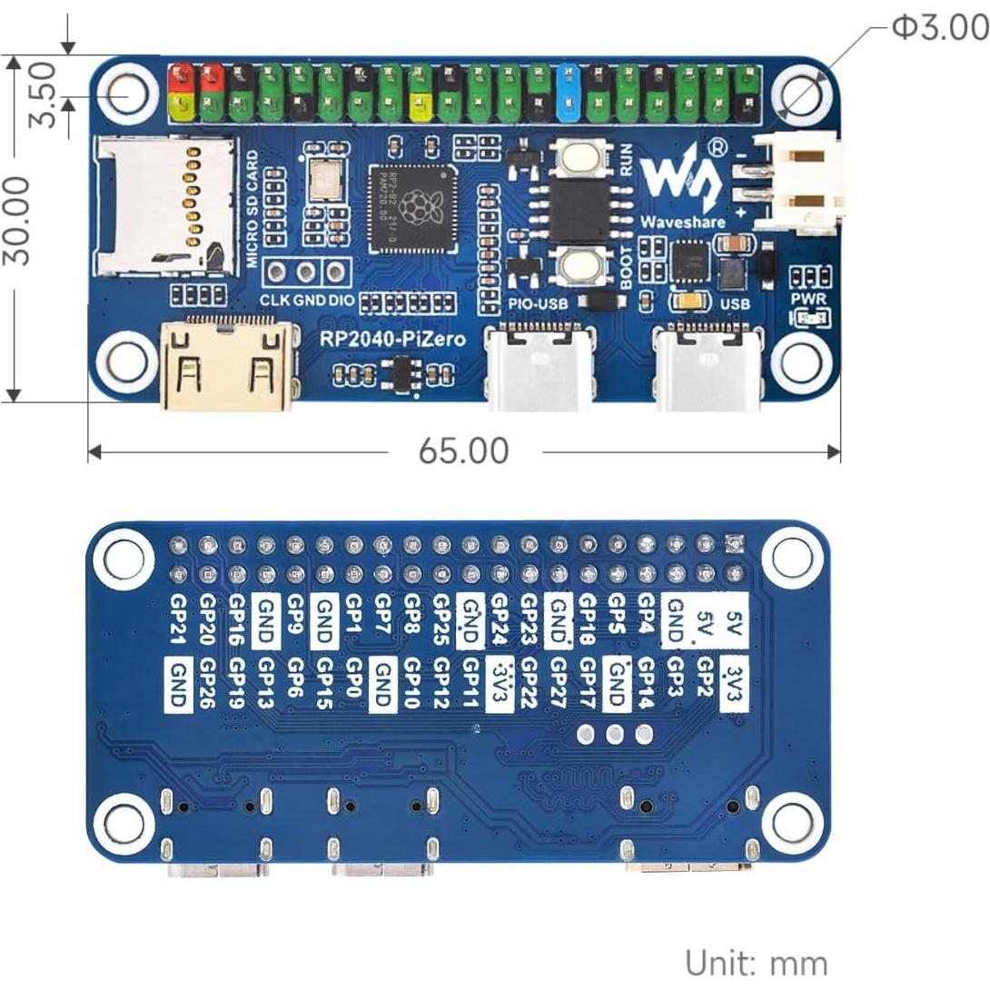 Placa Microcontrolador RP2040-PiZero Waveshare 16MB DVI USB