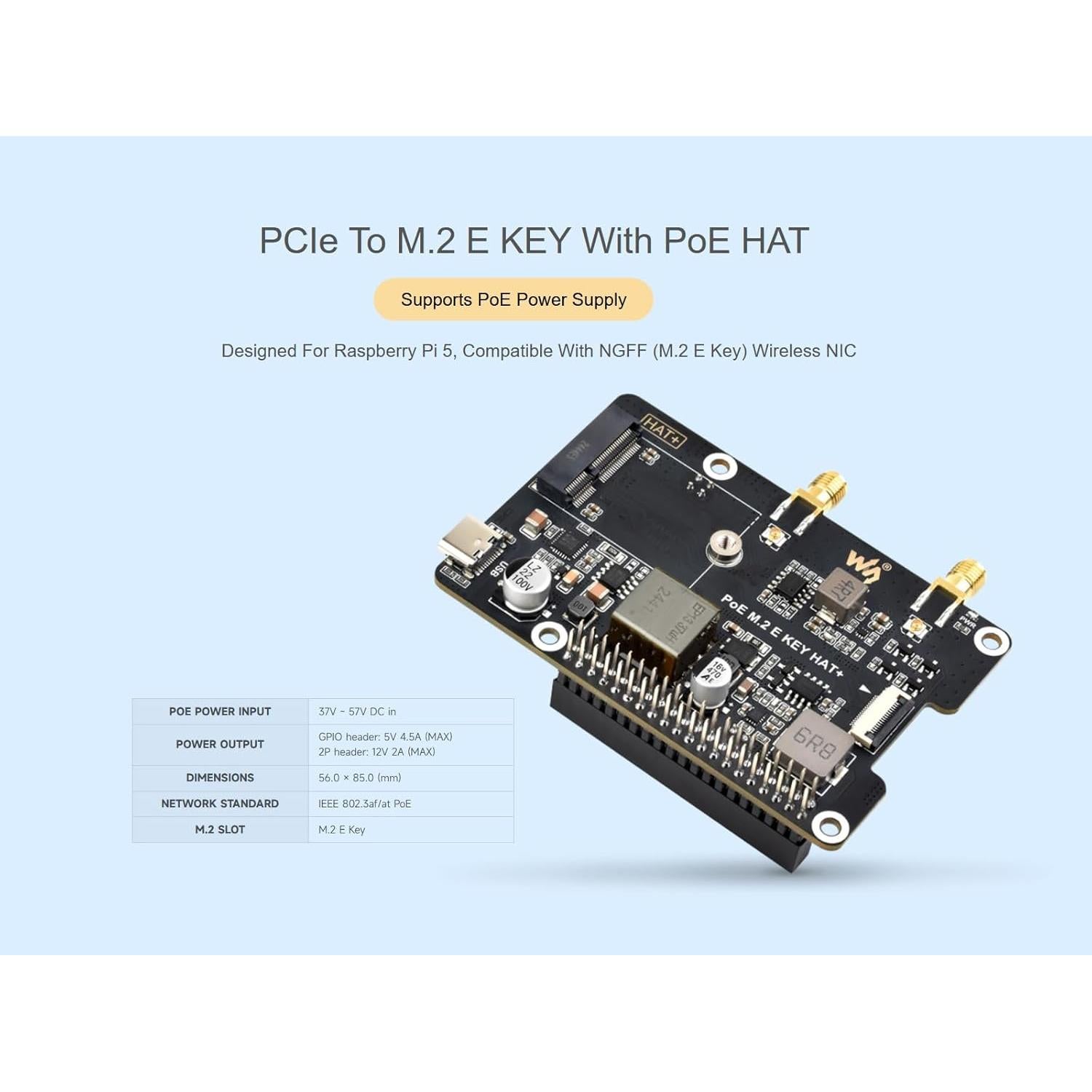Adaptador PCIe a M.2 E Key PoE Waveshare para Raspberry Pi 5