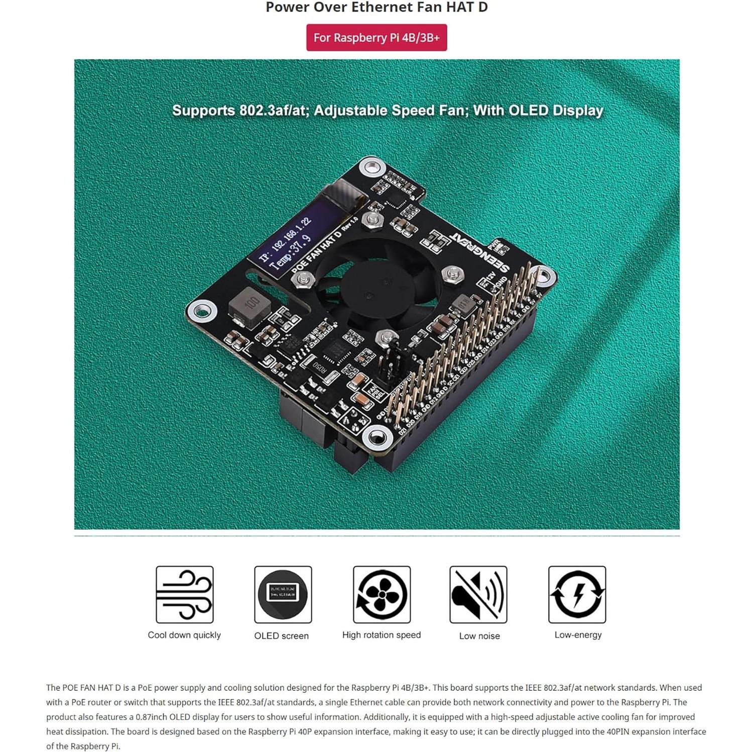 POE Fan HAT D LLidgermal para Raspberry Pi 4B/3B+ con Pantalla OLED