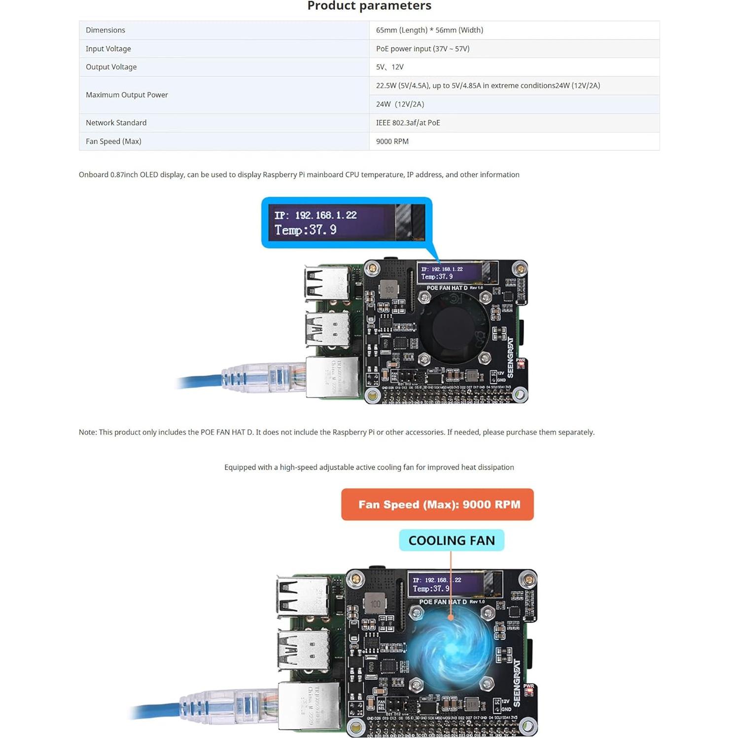 POE Fan HAT D LLidgermal para Raspberry Pi 4B/3B+ con Pantalla OLED