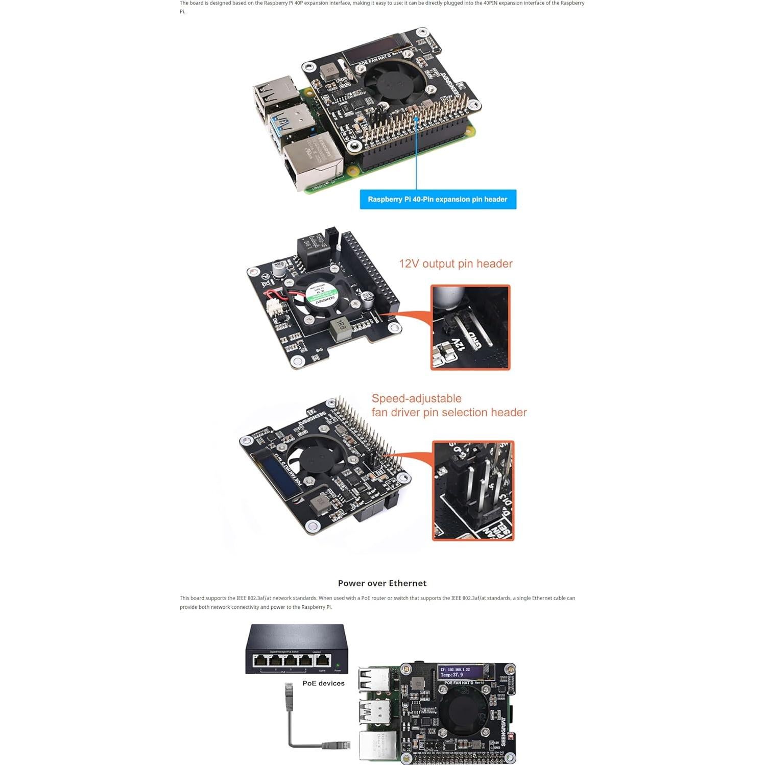 POE Fan HAT D LLidgermal para Raspberry Pi 4B/3B+ con Pantalla OLED