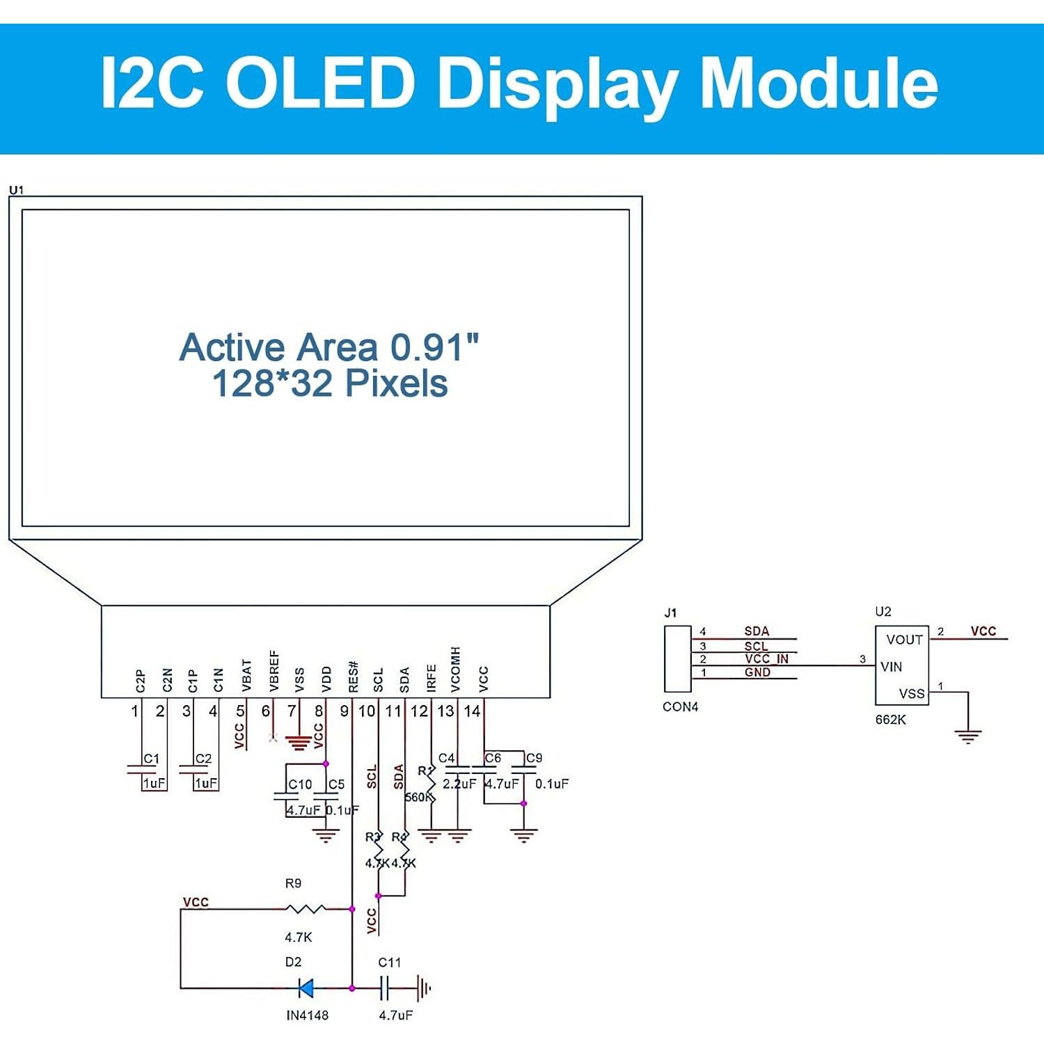 6 Módulos Pantalla OLED I2C 0.91" JUZITAO Azul/Blanco