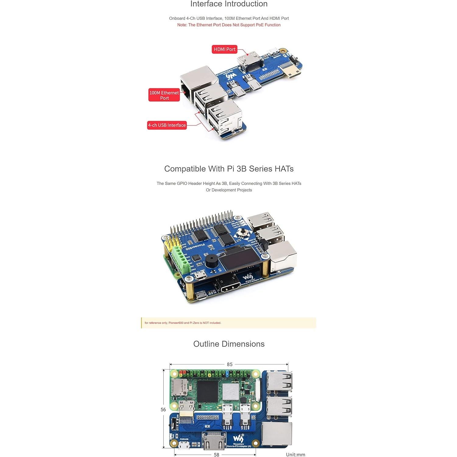 Adaptador Raspberry Pi Zero a 3B Coolwell - USB, Ethernet RJ45