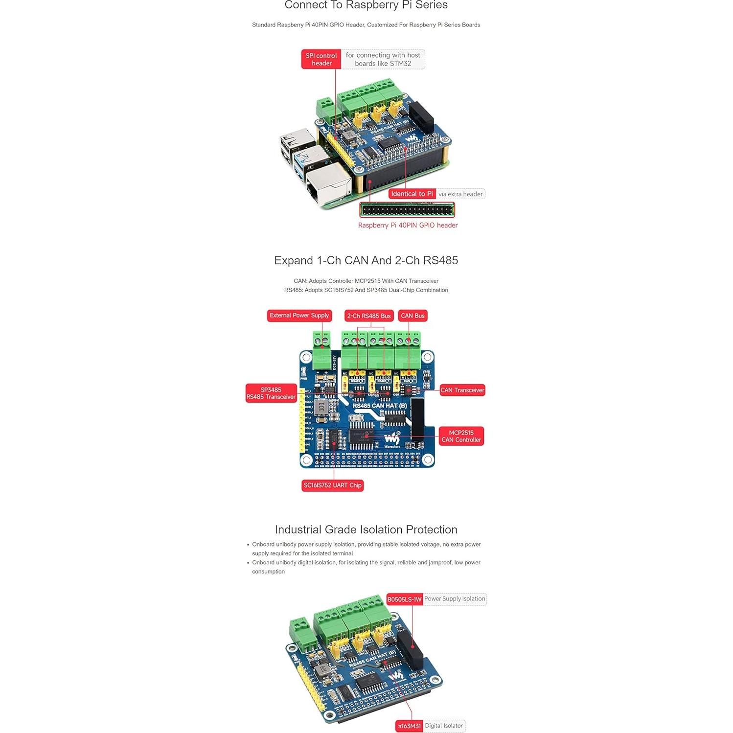 HAT RS485 CAN (B) Coolwell para Raspberry Pi, 2-Ch RS485 y 1-Ch CAN