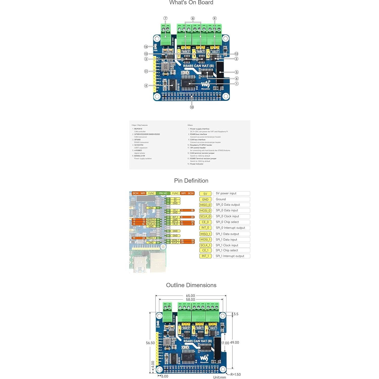 HAT RS485 CAN (B) Coolwell para Raspberry Pi, 2-Ch RS485 y 1-Ch CAN