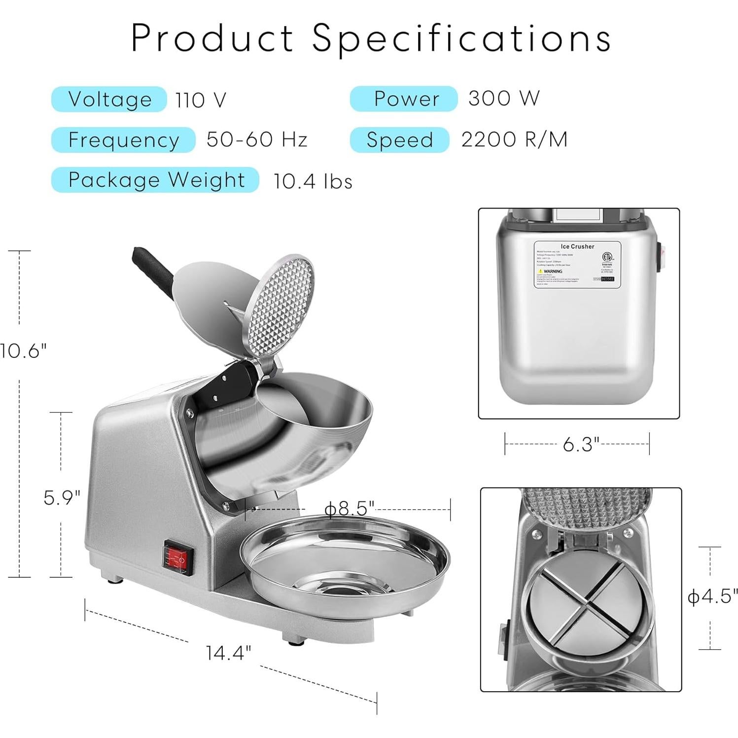 Trituradora de Hielo VIVOHOME 4 Cuchillas 95,25 kg/h Plateada