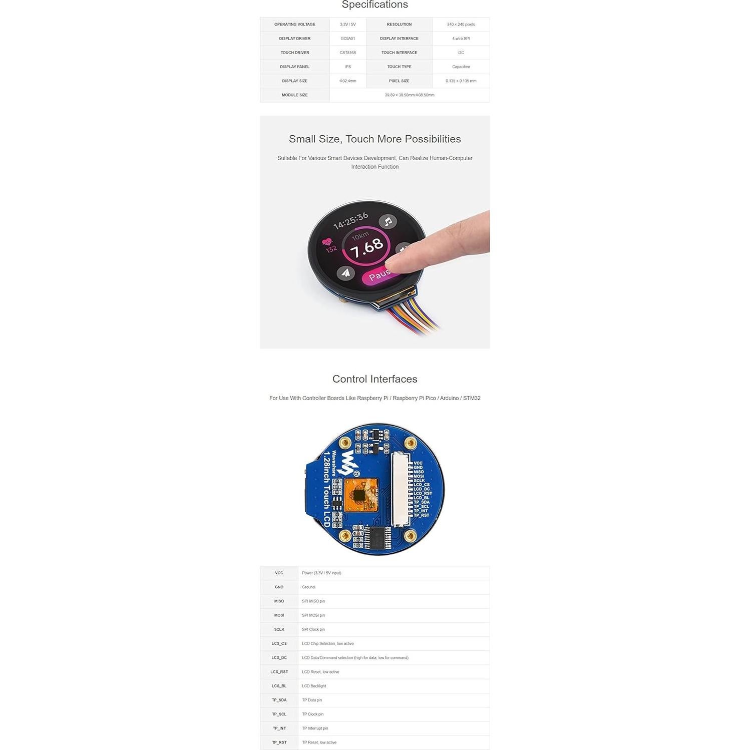 Pantalla LCD Táctil Redonda Coolwell 1.28" 240x240 para Raspberry Pi