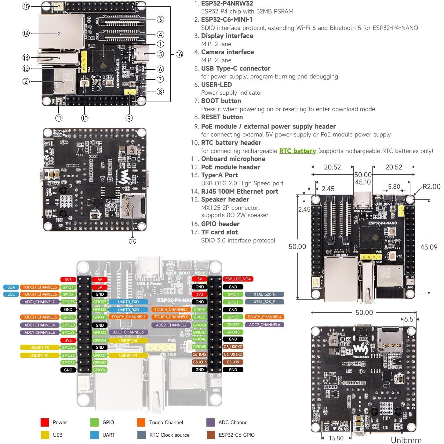 Placa de Desarrollo Waveshare ESP32-P4-NANO con Cámara RPi