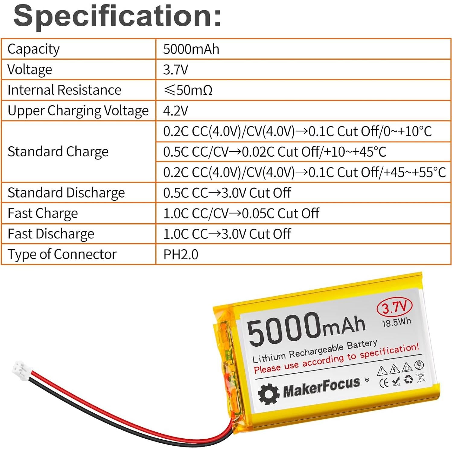 Batería de Polímero de Litio 3.7V 5000mAh YELUFT con Protección