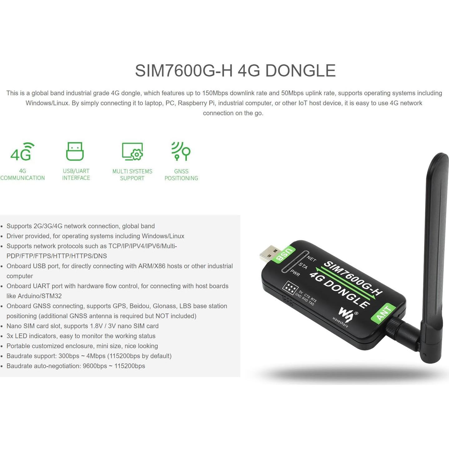 Dongle 4G Waveshare SIM7600G-H con Antena GNSS