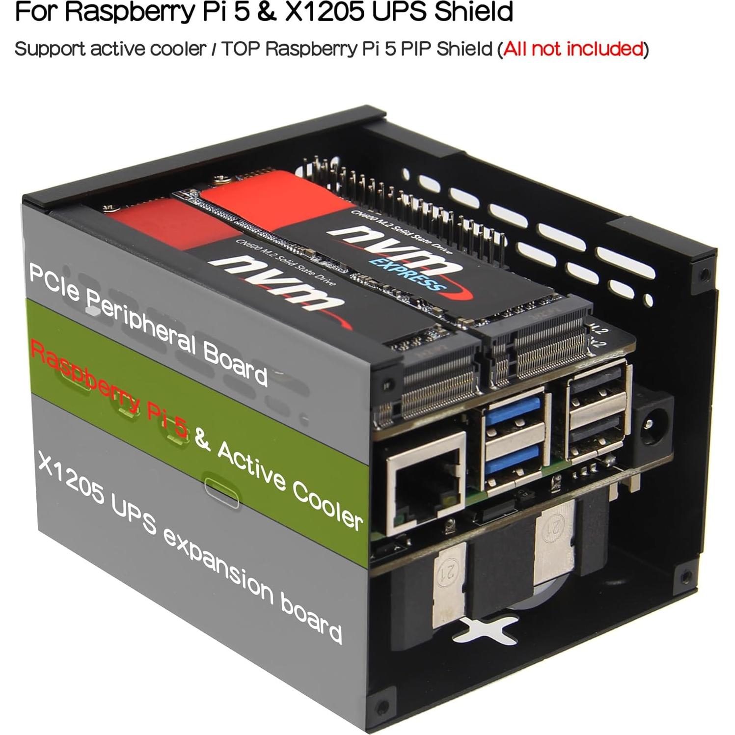 Caja Metal Geekworm X1205-C1 con Enfriador y Fuente 12V 5A
