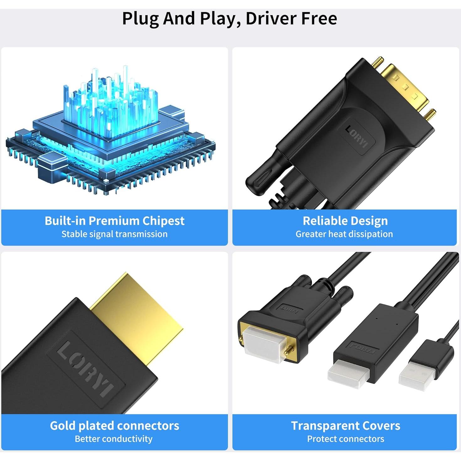 Cable HDMI a VGA Loryi 1.83m con Conectores Dorados