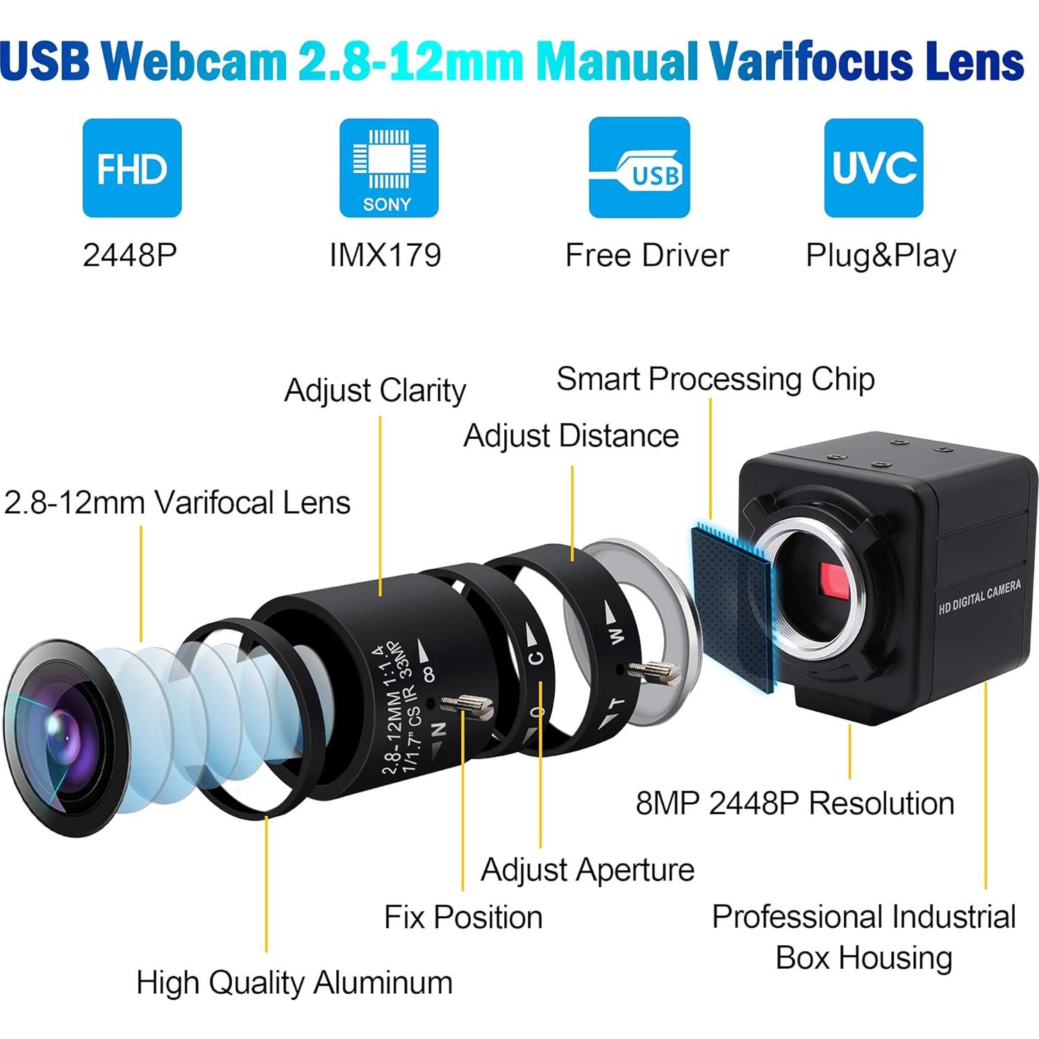 Cámara USB 8MP Varifocal 2.8-12mm Webcam para PC