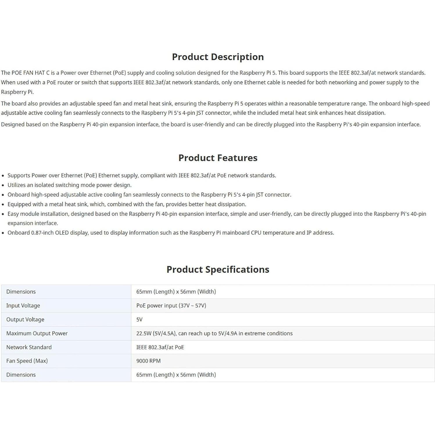 HAT POE para Raspberry Pi 5 con Pantalla OLED y Ventilador
