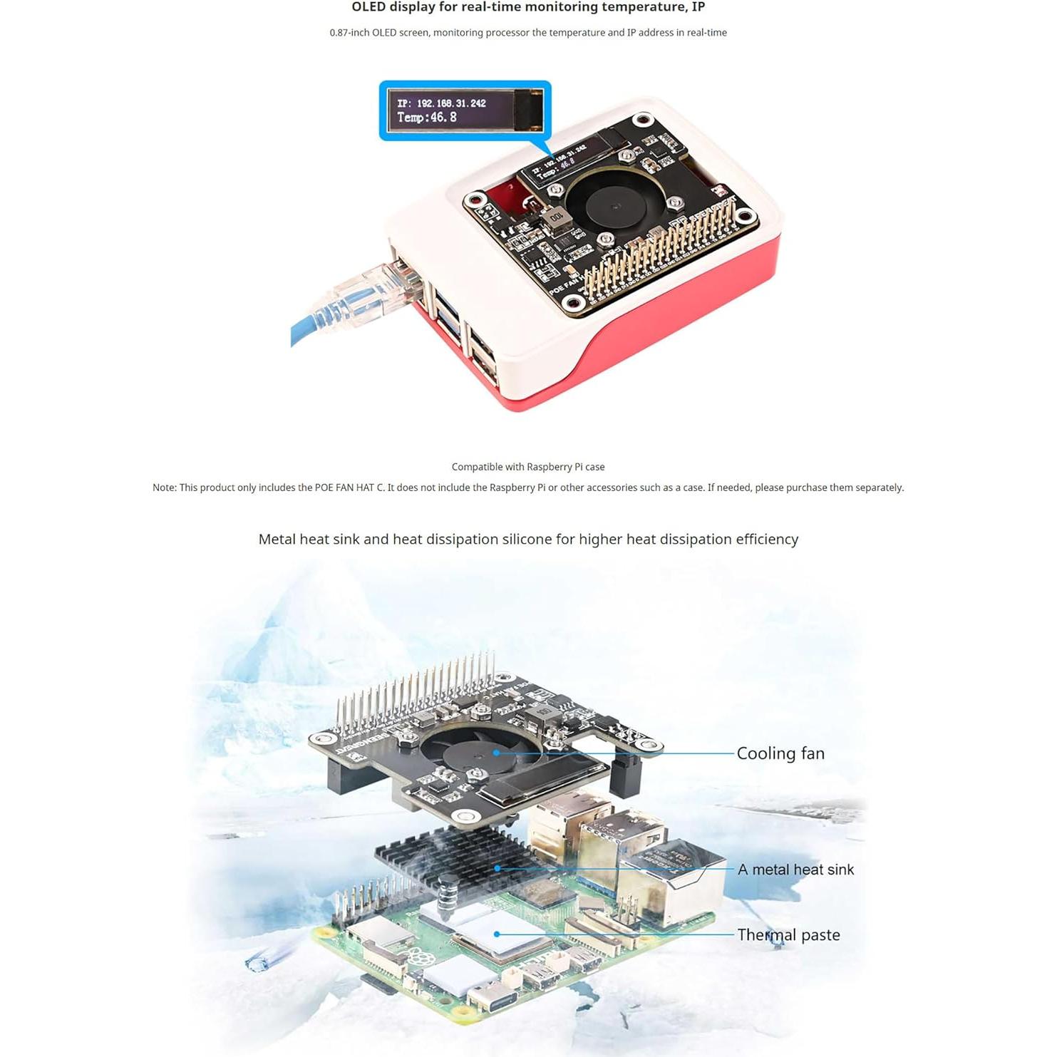 HAT POE para Raspberry Pi 5 con Pantalla OLED y Ventilador