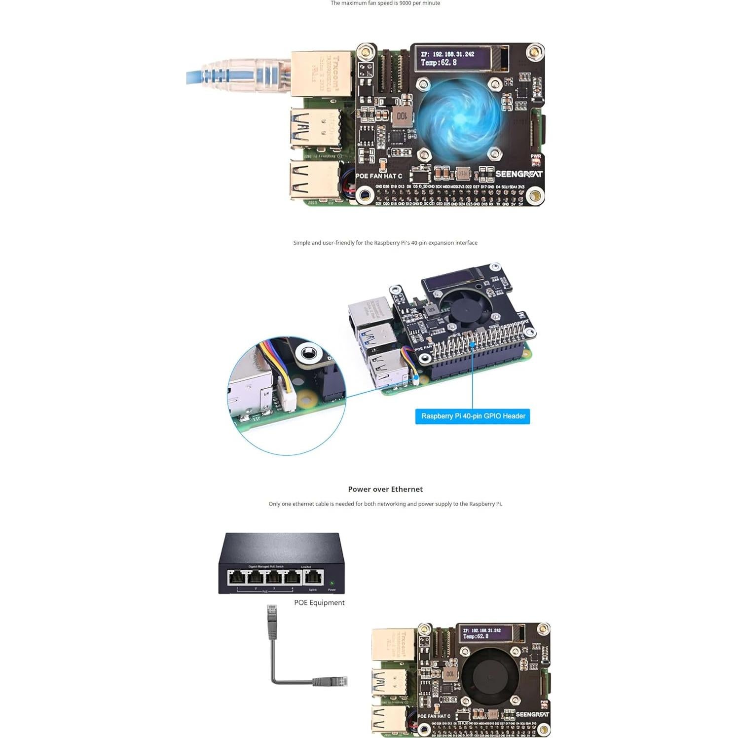 HAT POE para Raspberry Pi 5 con Pantalla OLED y Ventilador