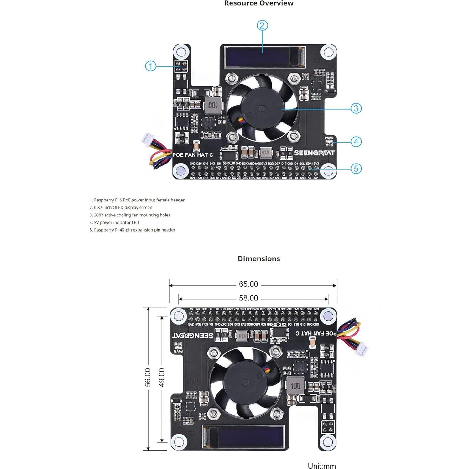 HAT POE para Raspberry Pi 5 con Pantalla OLED y Ventilador