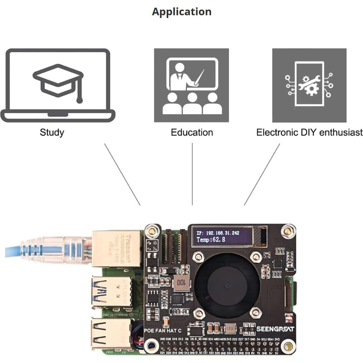 HAT POE para Raspberry Pi 5 con Pantalla OLED y Ventilador