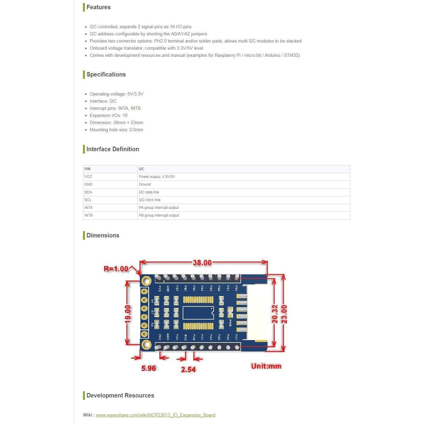 Placa de Expansión I/O Waveshare MCP23017 16 Pines I2C 3.3V/5V