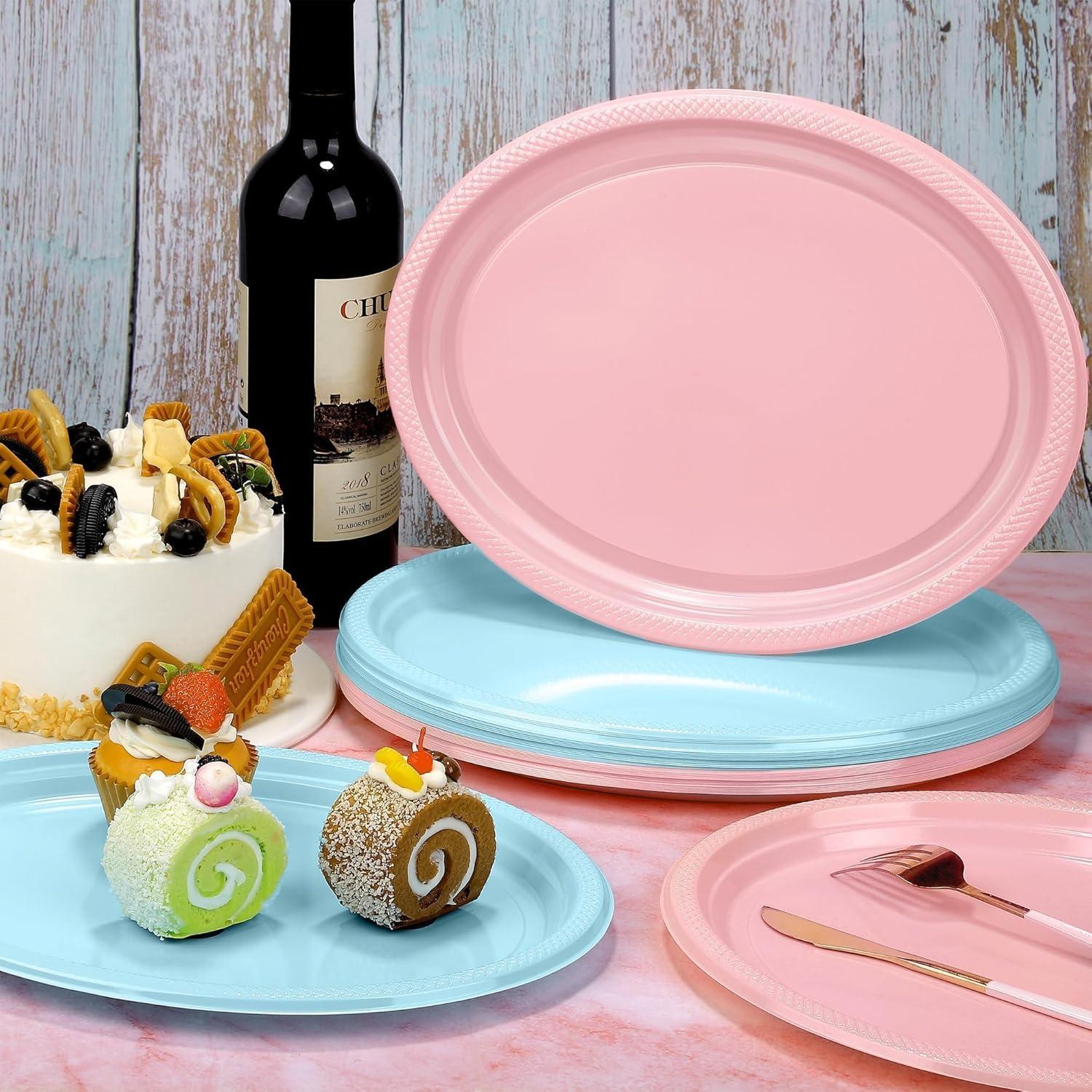 Platos Desechables Ovalados Aodaer 72 Piezas Rosa y Azul