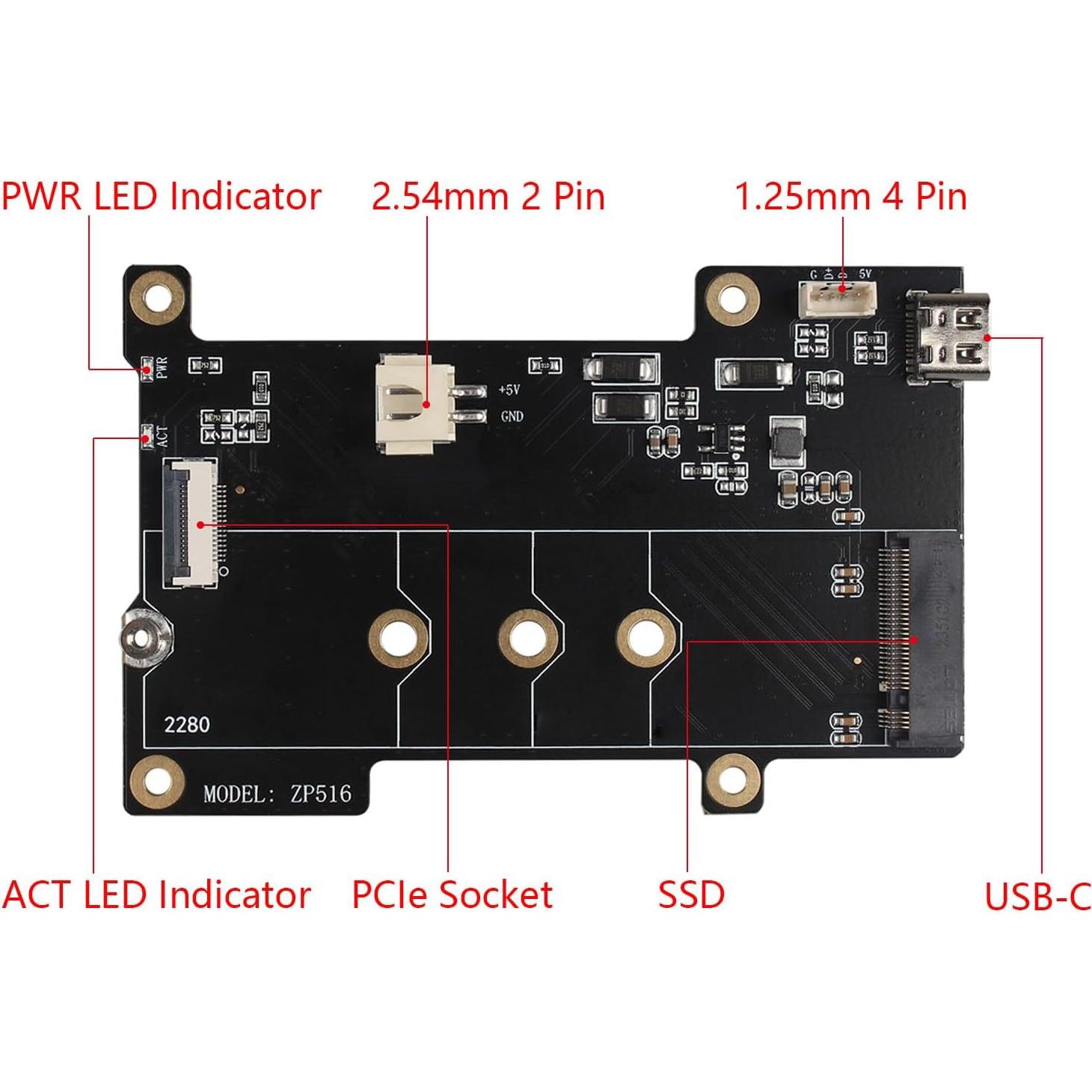 Placa Periférica PCIe M.2 NVMe ZDE ZP516 para Raspberry Pi 5
