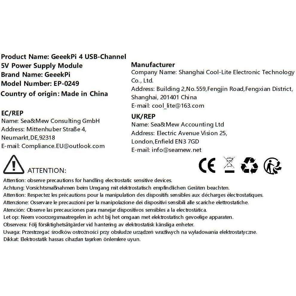 Módulo de Suministro de Energía GeeekPi 4 USB 5V 8A 1U Rack