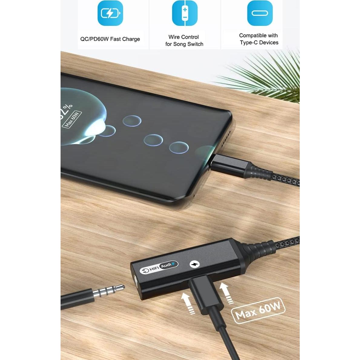 Adaptador USB-C a 3.5mm Tek Styz con Carga Rápida 60W