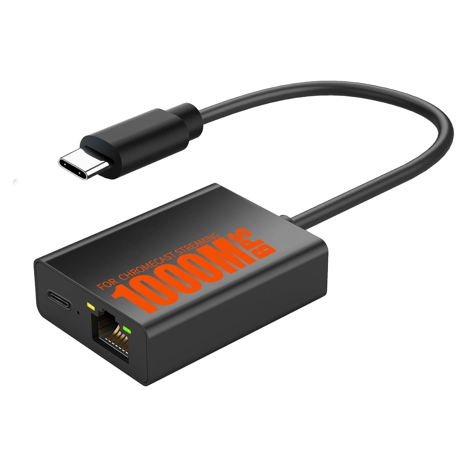 Ethernet Adapter, 1000 Mbps USB-C to RJ45 Ethernet Adapter for Google TV Devices Compatible with Chromecast Google TV and More Streaming Sticks (Adhesive Tape Included)