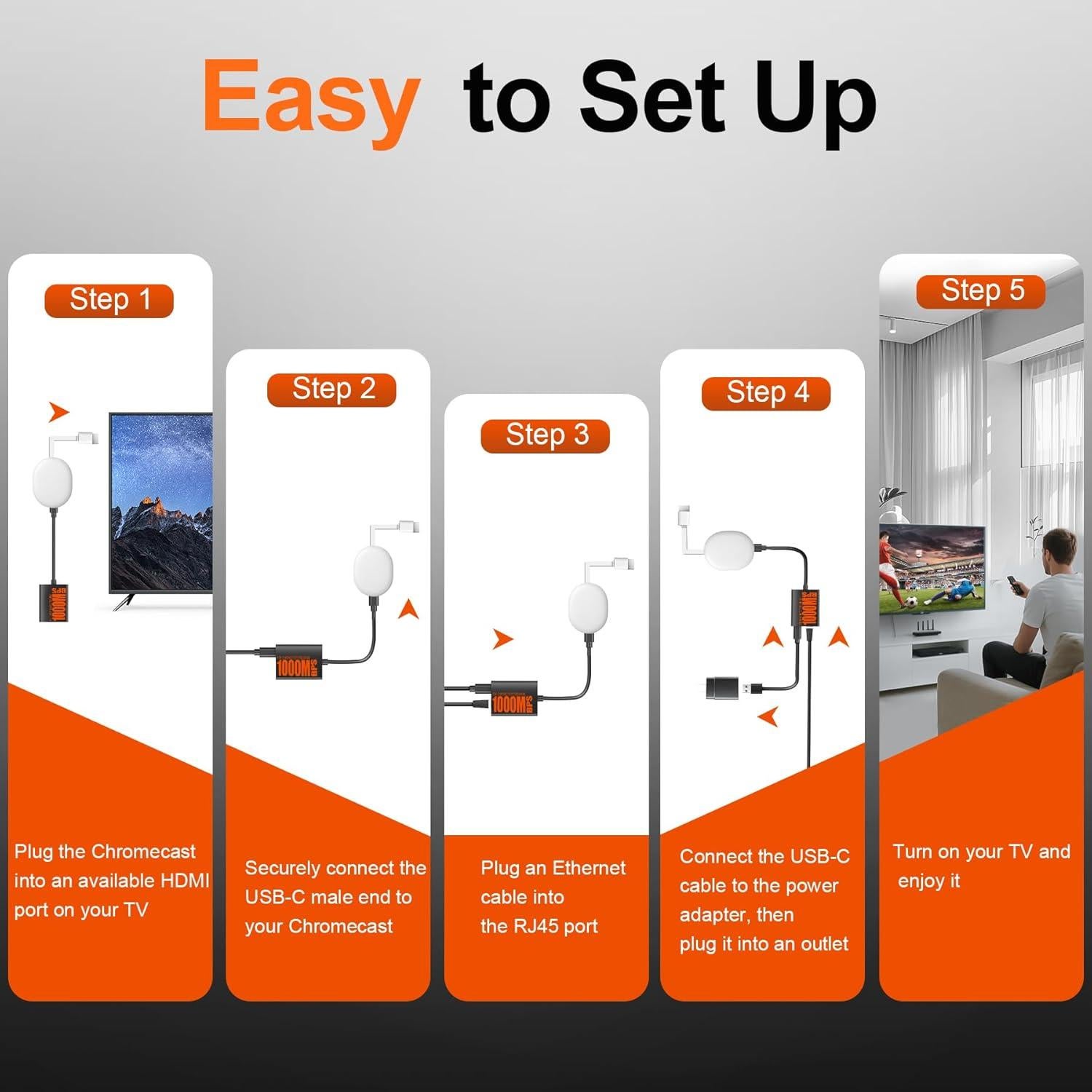 Ethernet Adapter, 1000 Mbps USB-C to RJ45 Ethernet Adapter for Google TV Devices Compatible with Chromecast Google TV and More Streaming Sticks (Adhesive Tape Included)