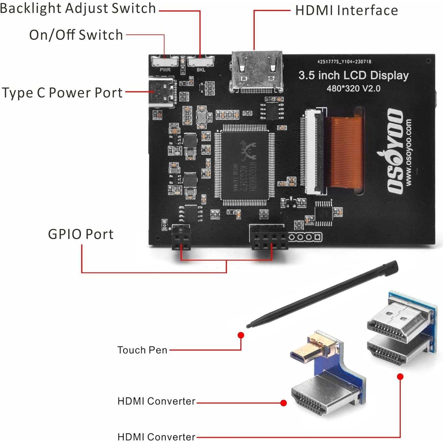 Pantalla Táctil HDMI 3.5" OSOYOO para Raspberry Pi 4/5