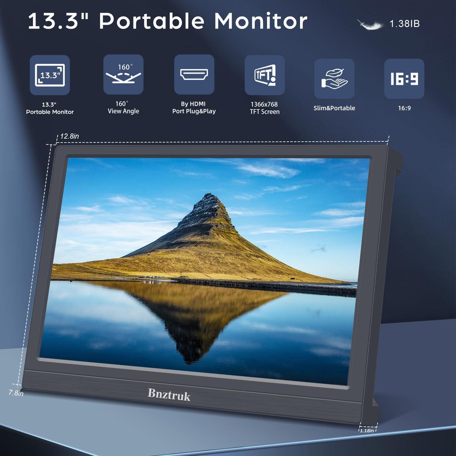 Monitor Portátil 13.3" FHD TFT HDMI VGA 1366x768 para PC y Consolas