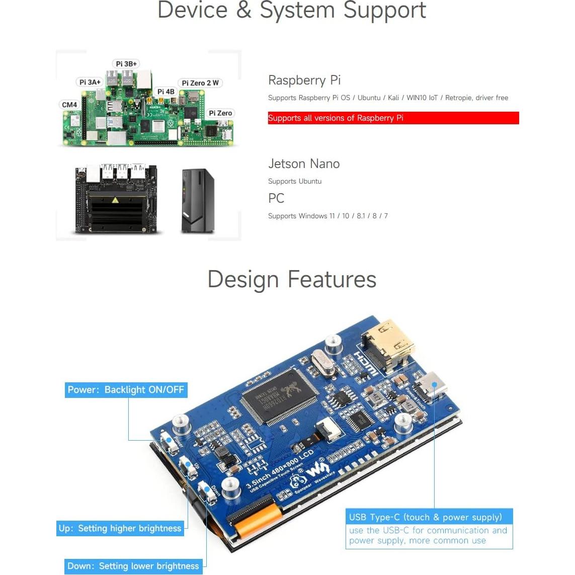 Pantalla LCD táctil Waveshare 3.5" 480x800 para Raspberry Pi
